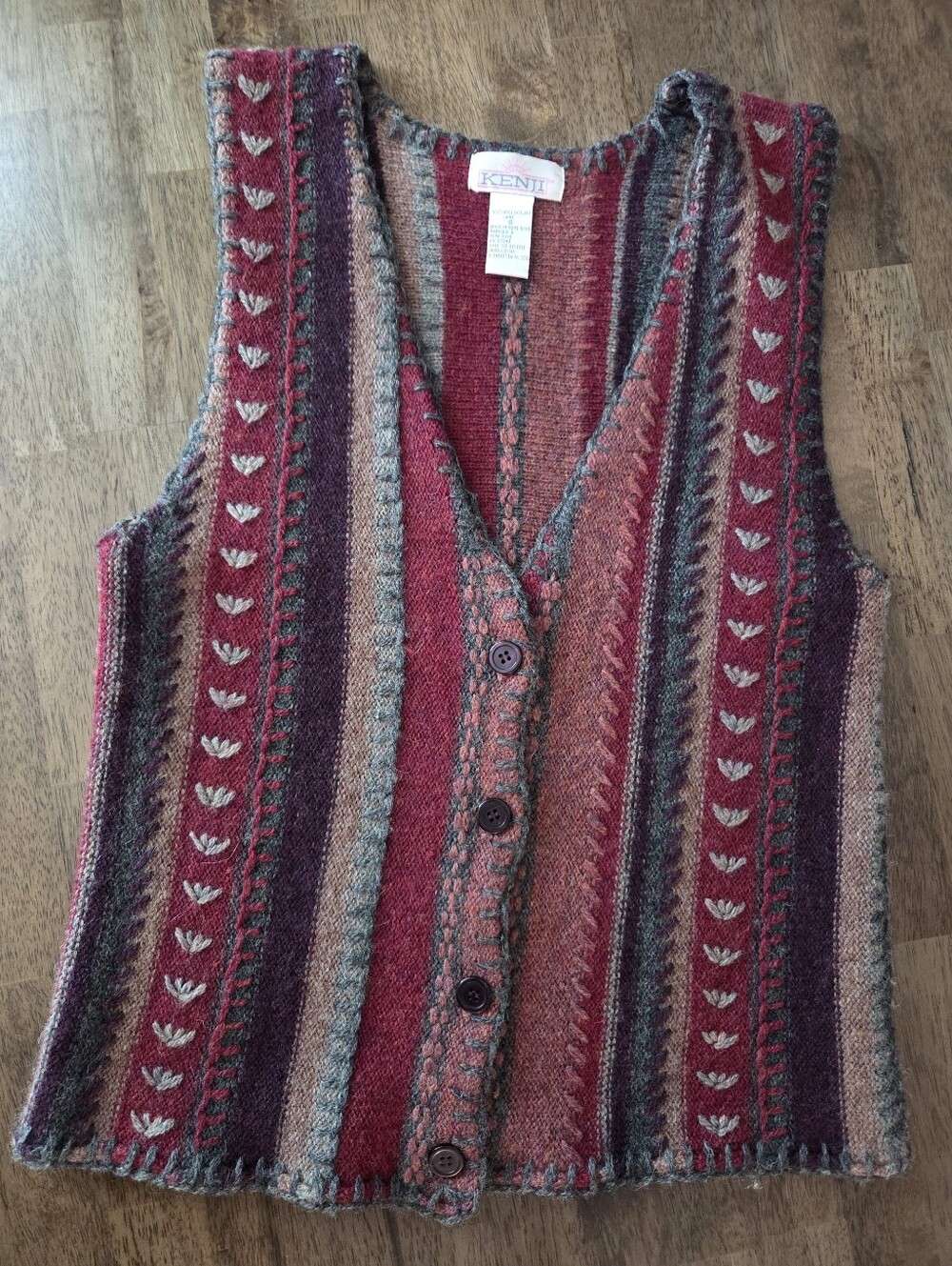 100% Shetland Wool Vintage Kenji Earthy Striped Knit Button-Up Vest